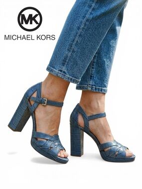 Michael Kors Women Croc Embossed Platform Block Heel Sandal Blue 7.5